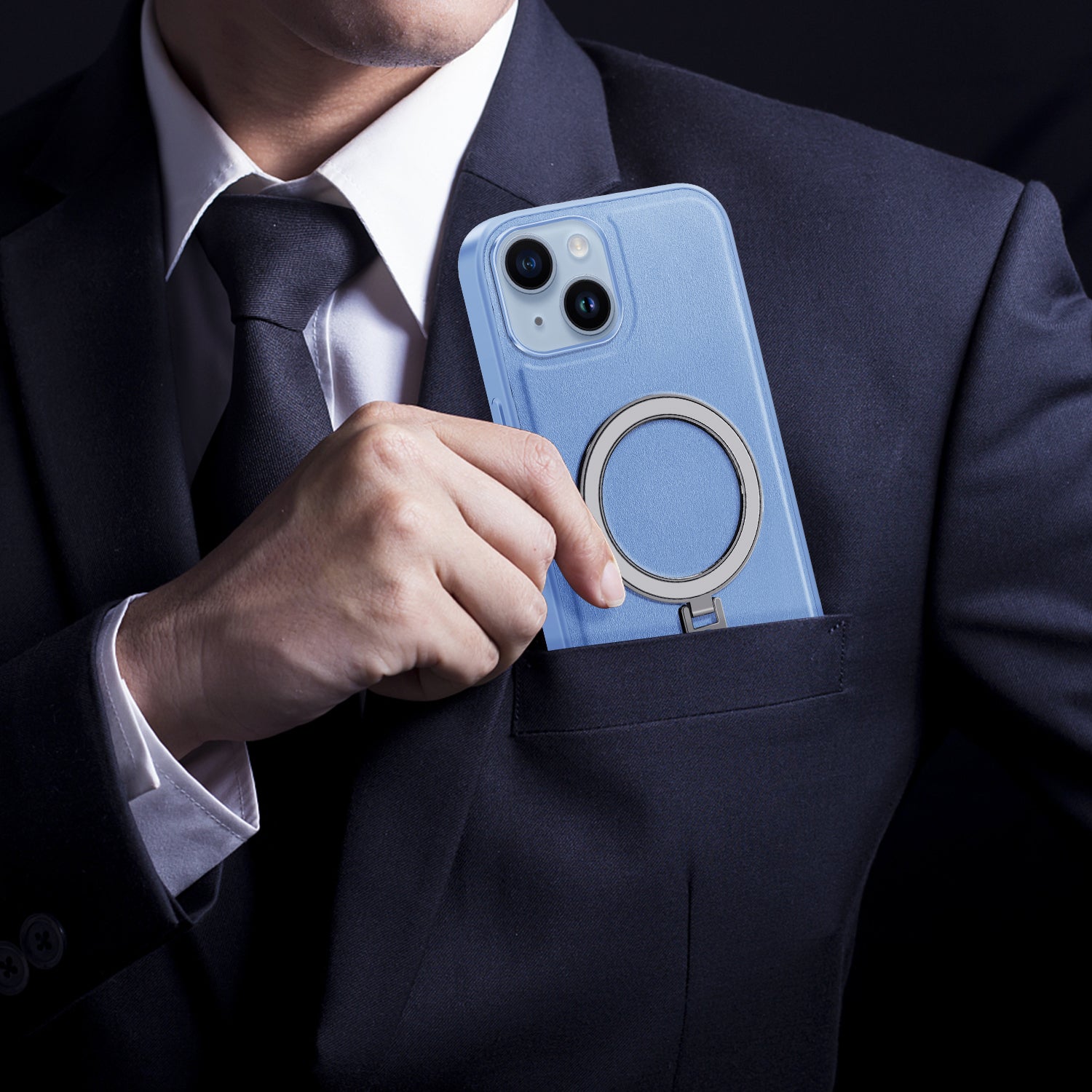 Uniqkart for iPhone 14 Kickstand Anti-Scratch Phone Case Cover PU Leather Coated PC+TPU Magnetic Cover - Blue Uniqkart for iPhone 14 Kickstand Anti-Scratch Phone Case Cover PU Leather Coated PC+TPU Magnetic Cover - Blue
